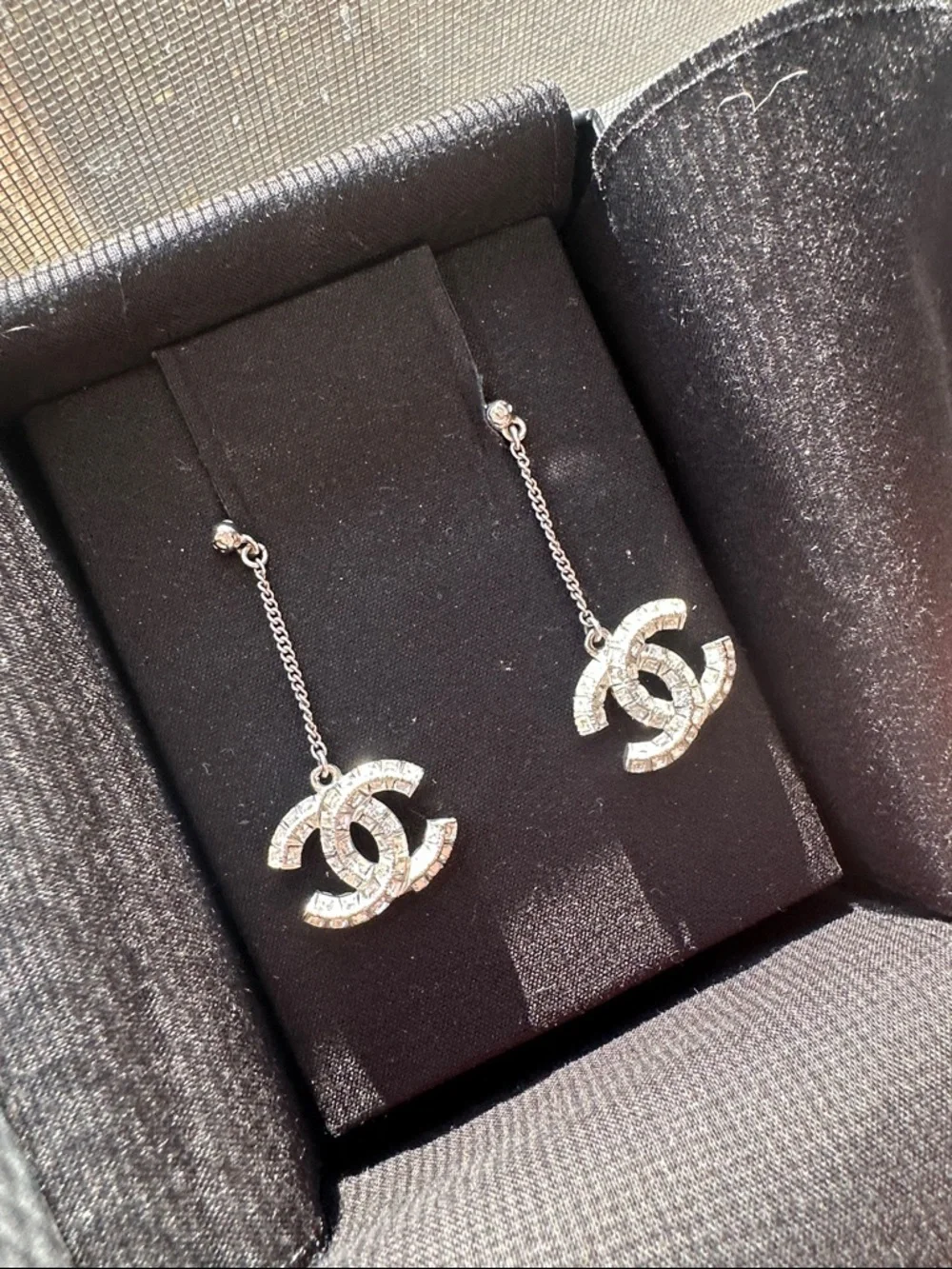 CHANEL Silver Crystal CC Dangle Earrings